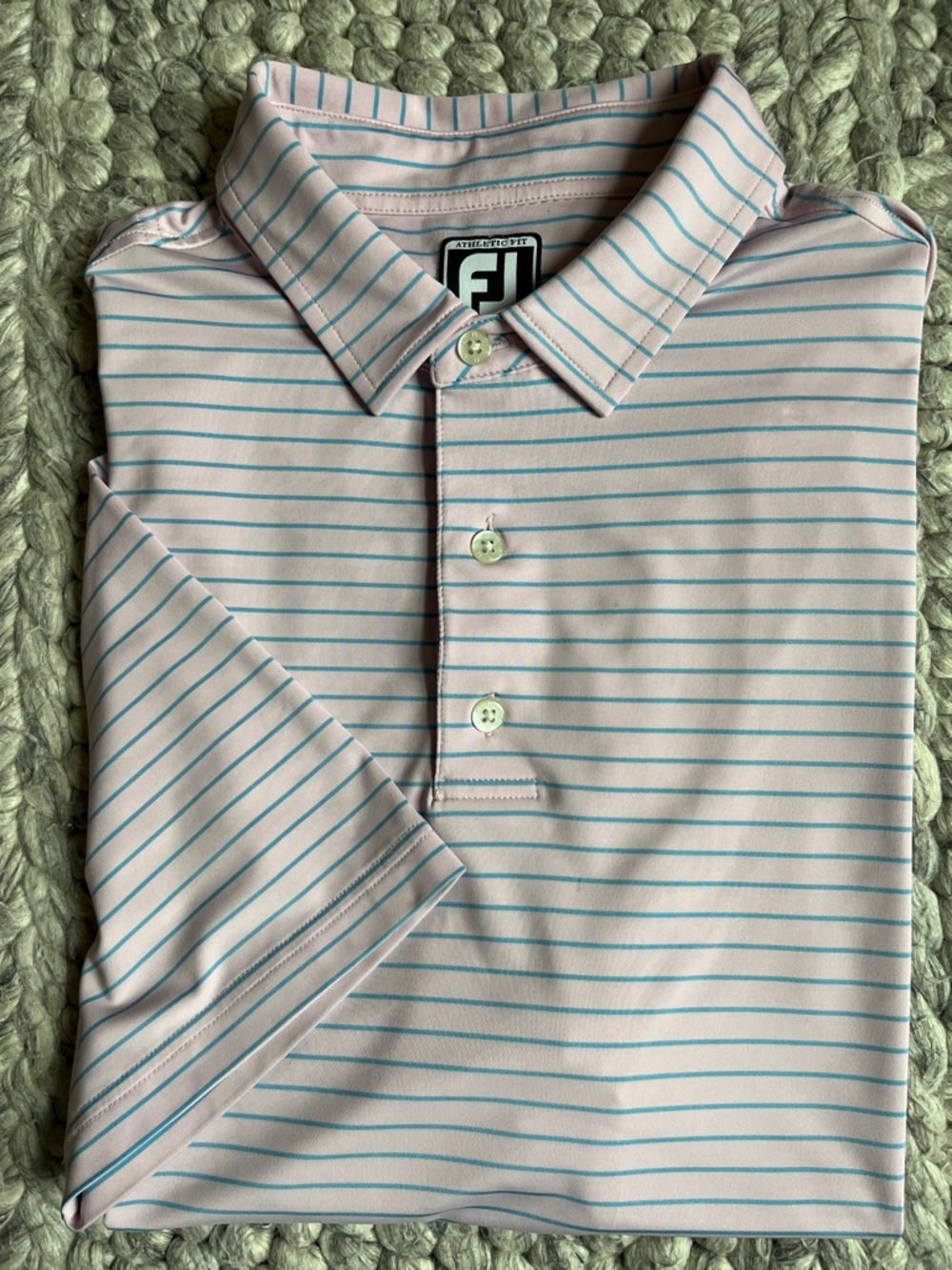 FootJoy pink with blue stripe athletic fit performance polo